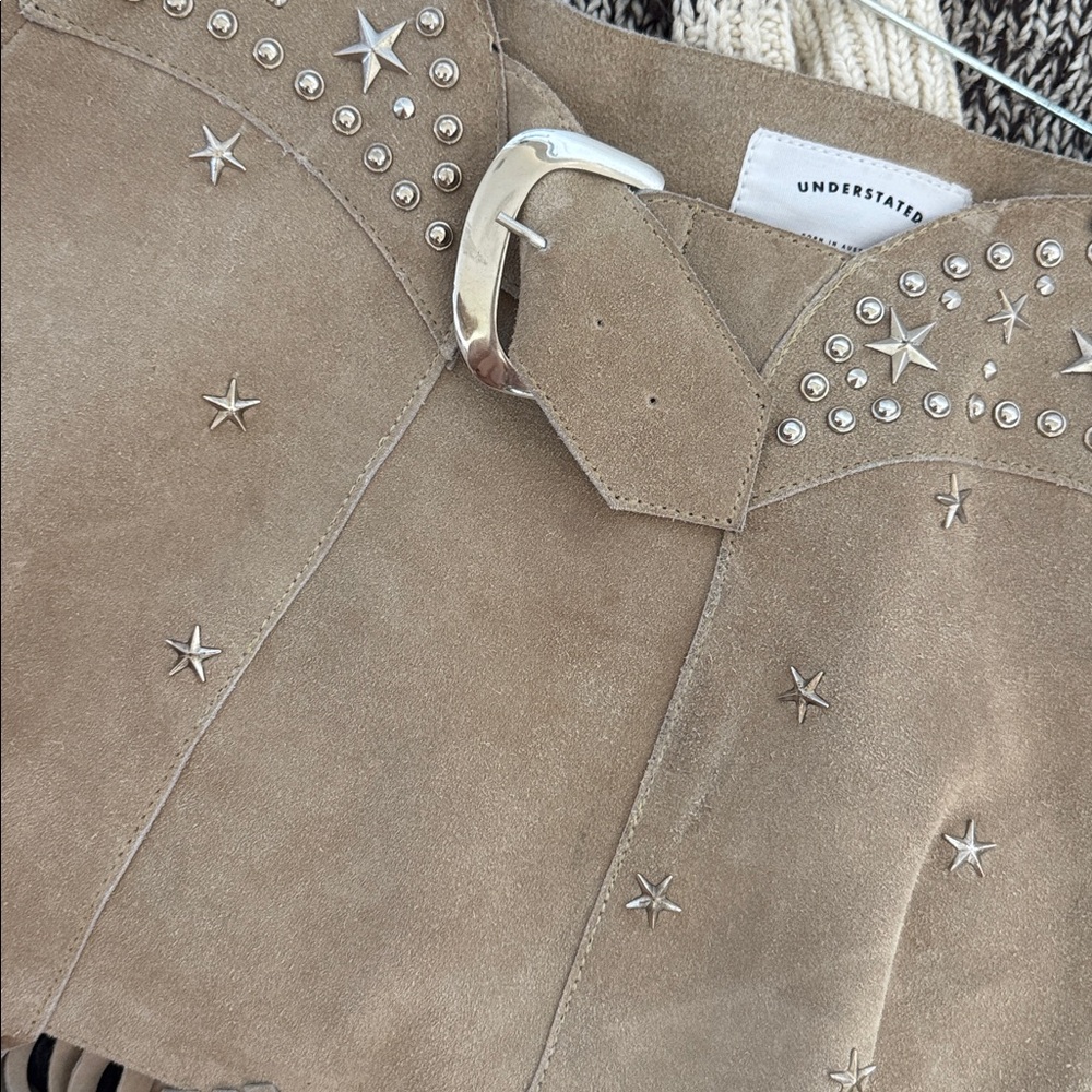 Understated Leather Studded Fringe Tan Skirt - Picture 7 of 9